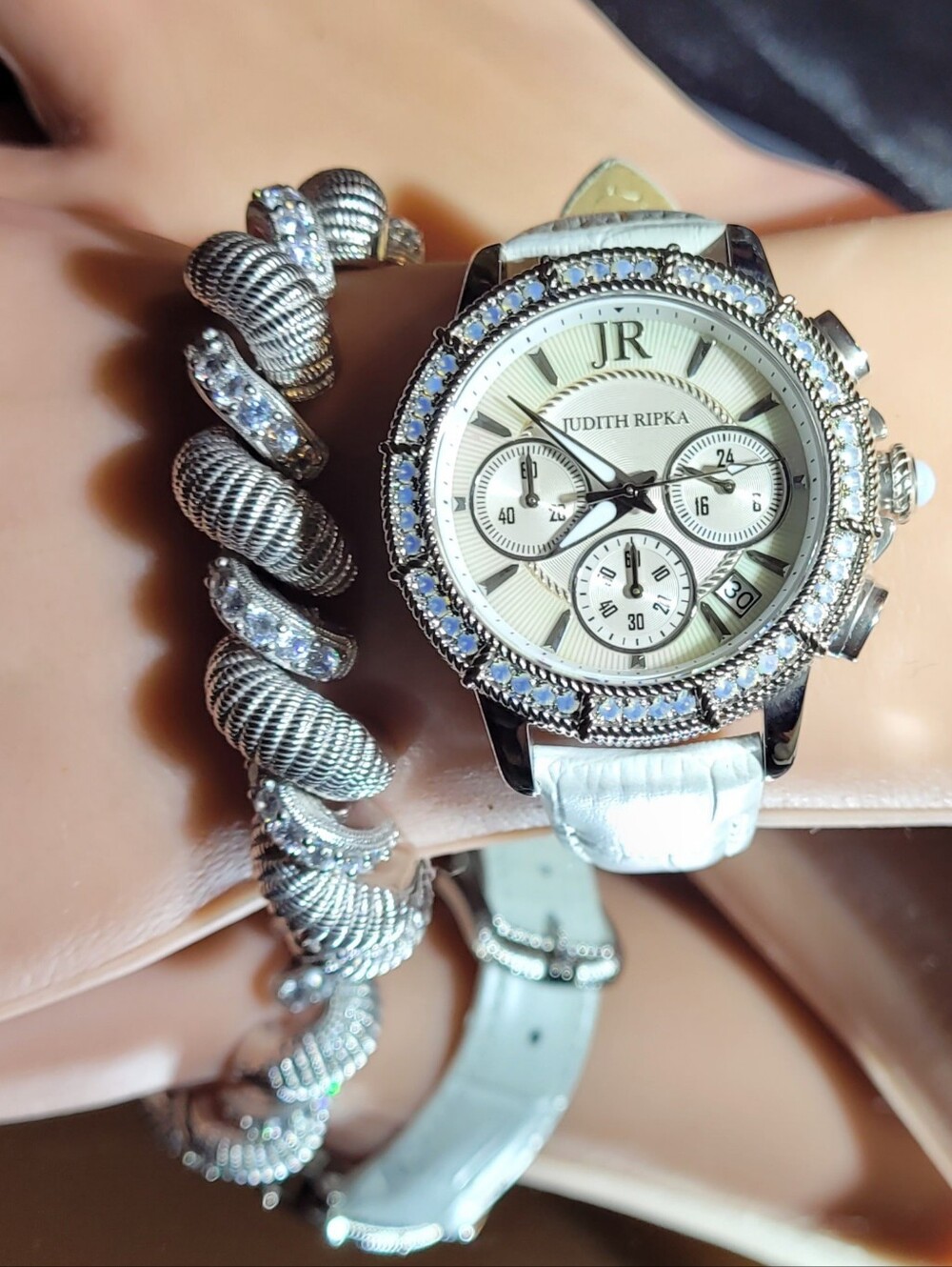 Judith Ripka White Crystal Bezel Chronograph Watch Embellished with Opals - Picture 3 of 17